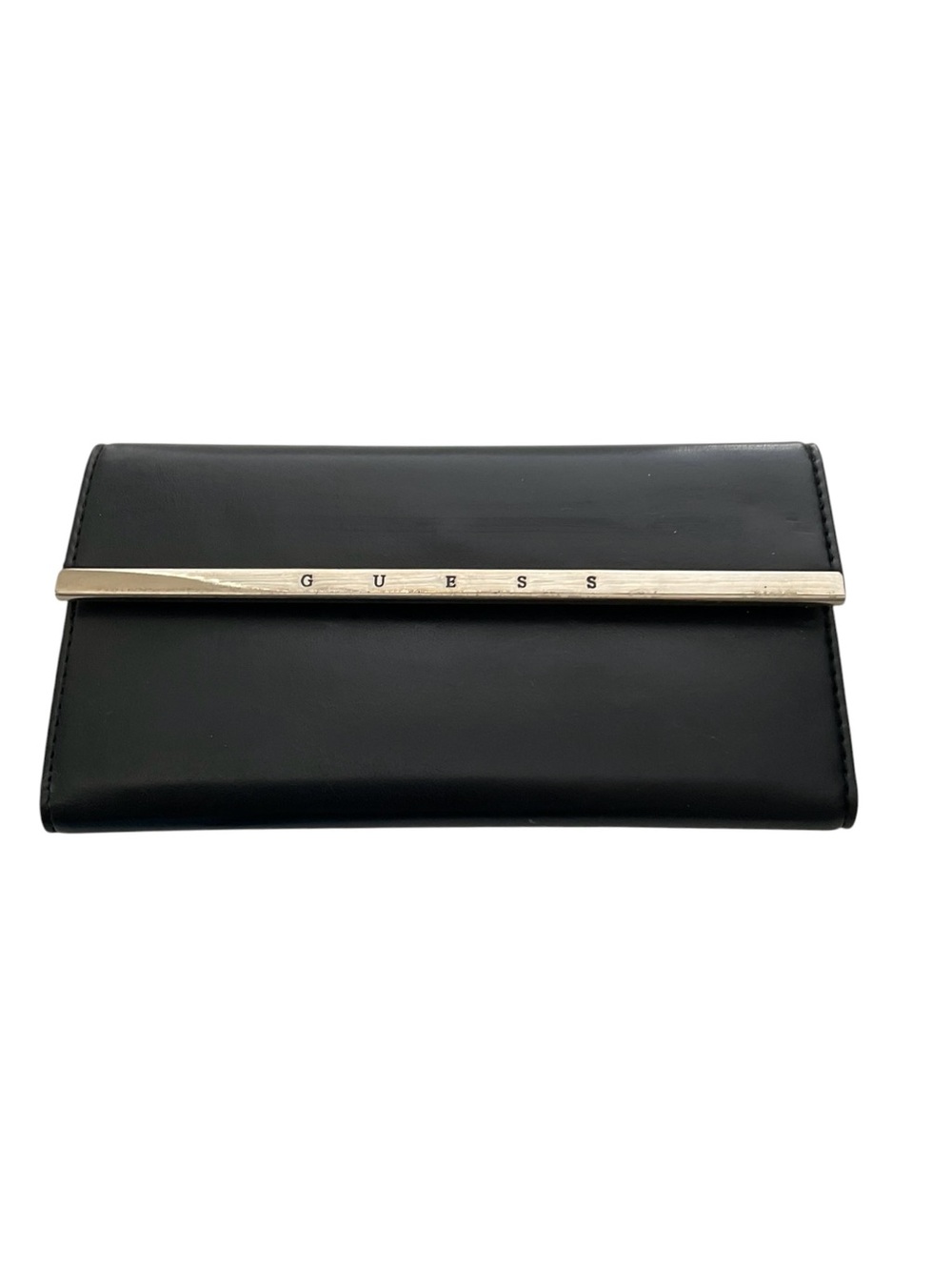 GUESS Women’s Black Leather Clutch with Gold Trim Bar